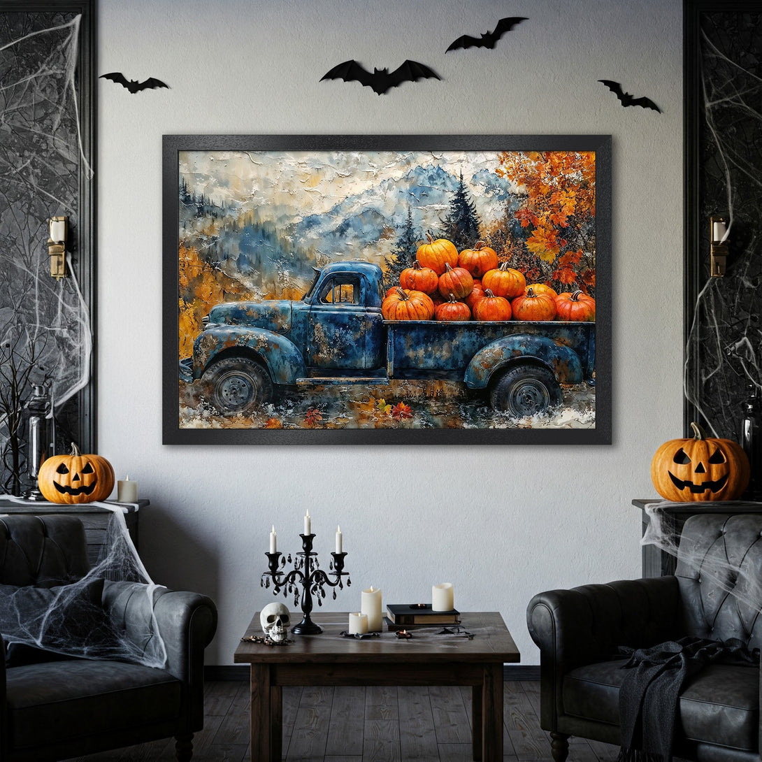 Framed Poster featuring a vintage truck filled with pumpkins, impressionist style, warm orange & blue color palette, perfect for Halloween decor.