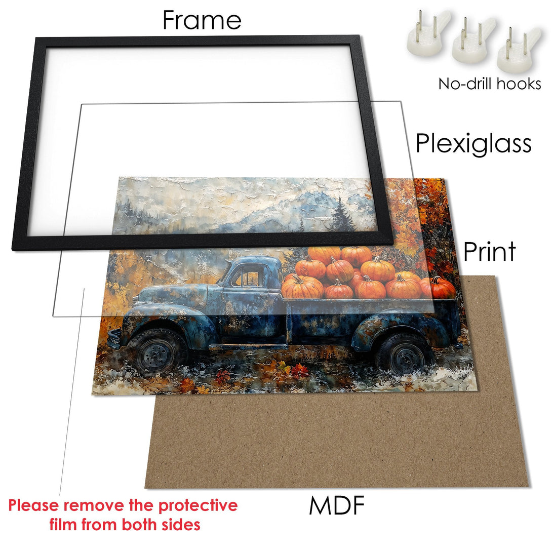 Framed Poster featuring a vintage truck with pumpkins, in warm autumn tones. Perfect fall decor!