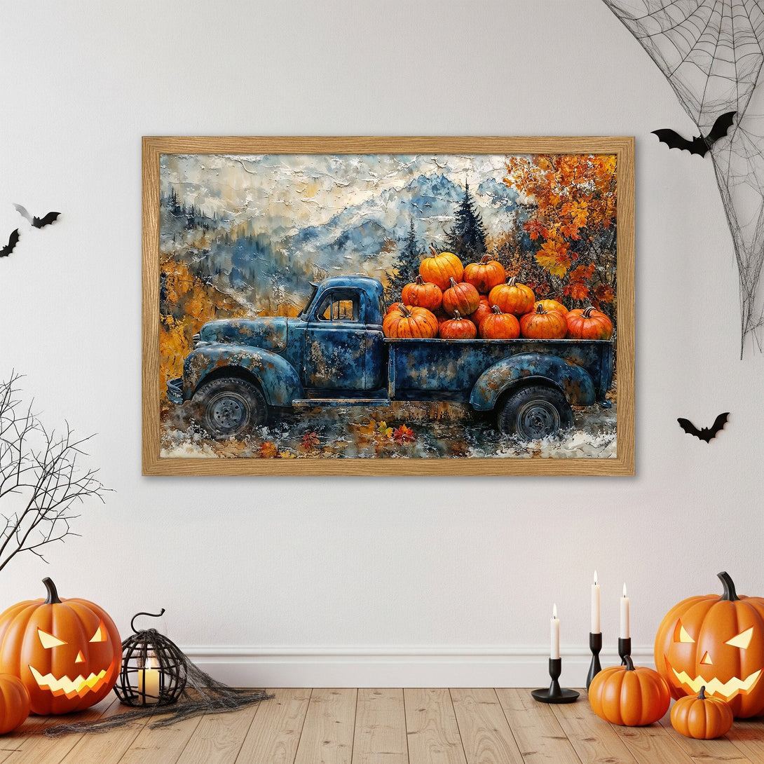 Framed Poster of a vintage truck filled with pumpkins. Autumnal art with a blue, orange, and yellow color palette. Perfect fall decor.