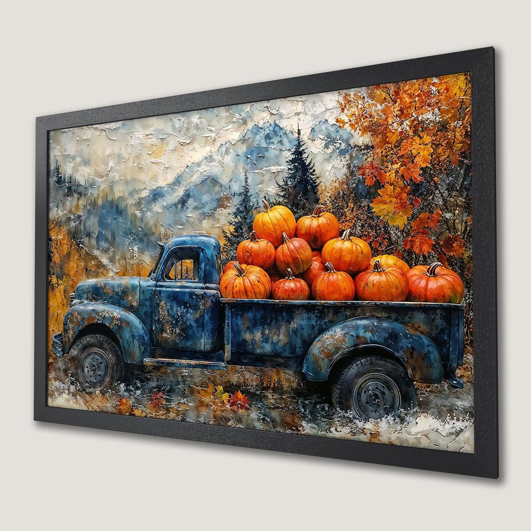 Framed Poster of vintage truck filled with pumpkins, impressionistic style, autumn color palette.