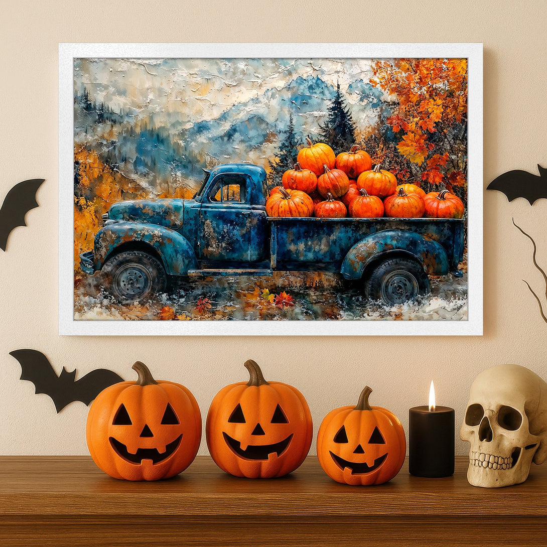 Framed Poster featuring a vintage truck filled with pumpkins, in a painterly style with a warm orange and blue color palette. Perfect for Halloween!