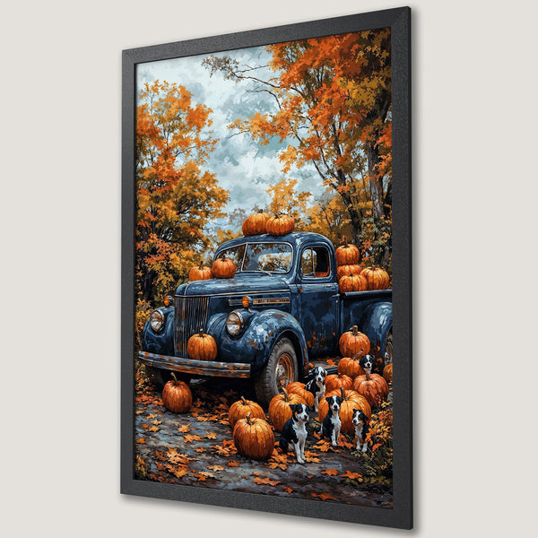Framed Poster featuring a vintage truck with pumpkins and dogs, in a warm autumn color palette. Perfect fall decor!