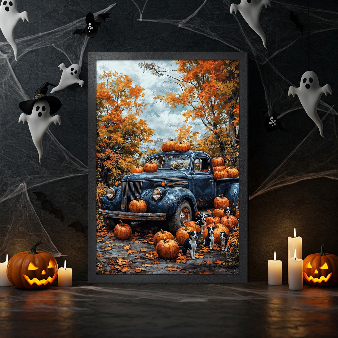 Framed Poster featuring a vintage truck with pumpkins, fall colors, and dogs. Perfect Halloween decor!
