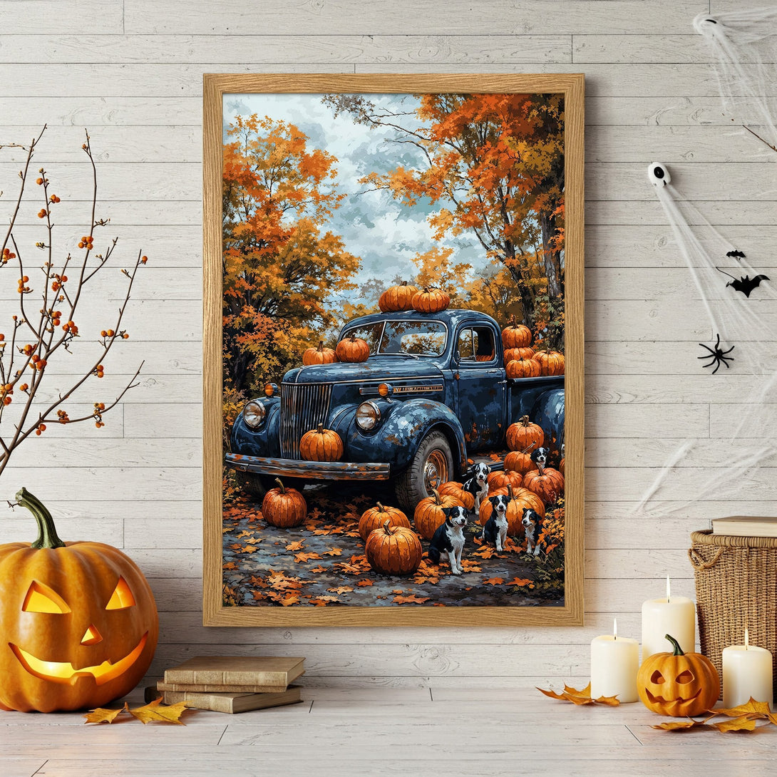 Framed Poster featuring a vintage truck with pumpkins, autumn scene, warm orange and blue color palette. Perfect fall decor!