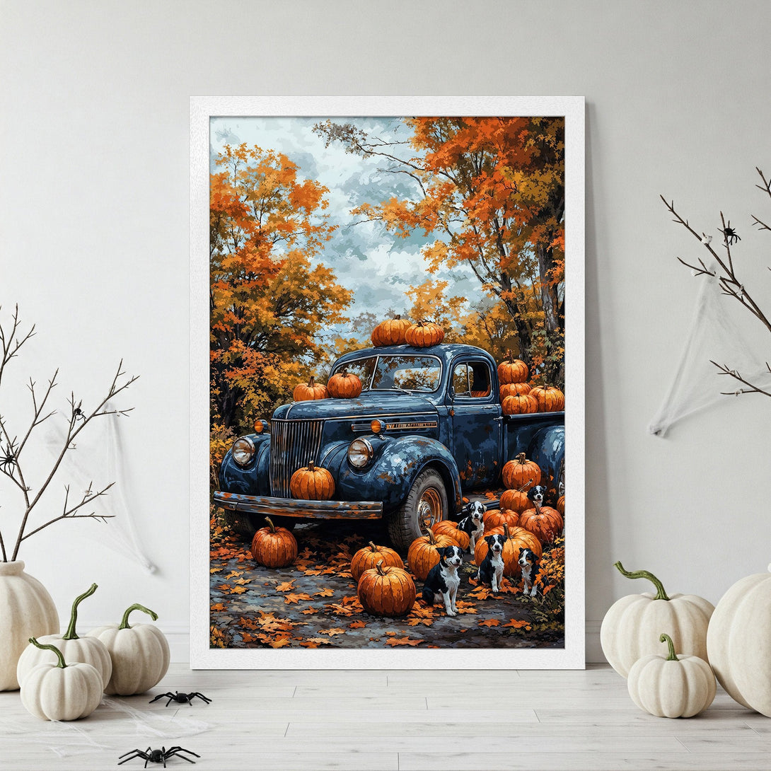 Framed Poster: Vintage truck with pumpkins, autumn scene. Warm orange and blue tones, perfect fall decor. Get your Poster today!