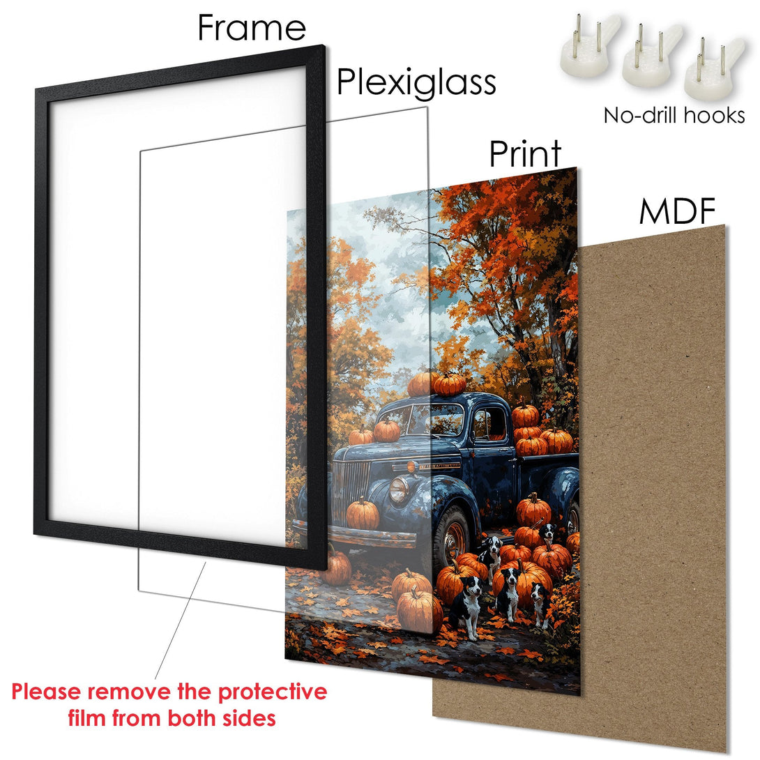 Framed Poster featuring a vintage truck with pumpkins and dogs, in autumnal colors. Perfect fall decor!