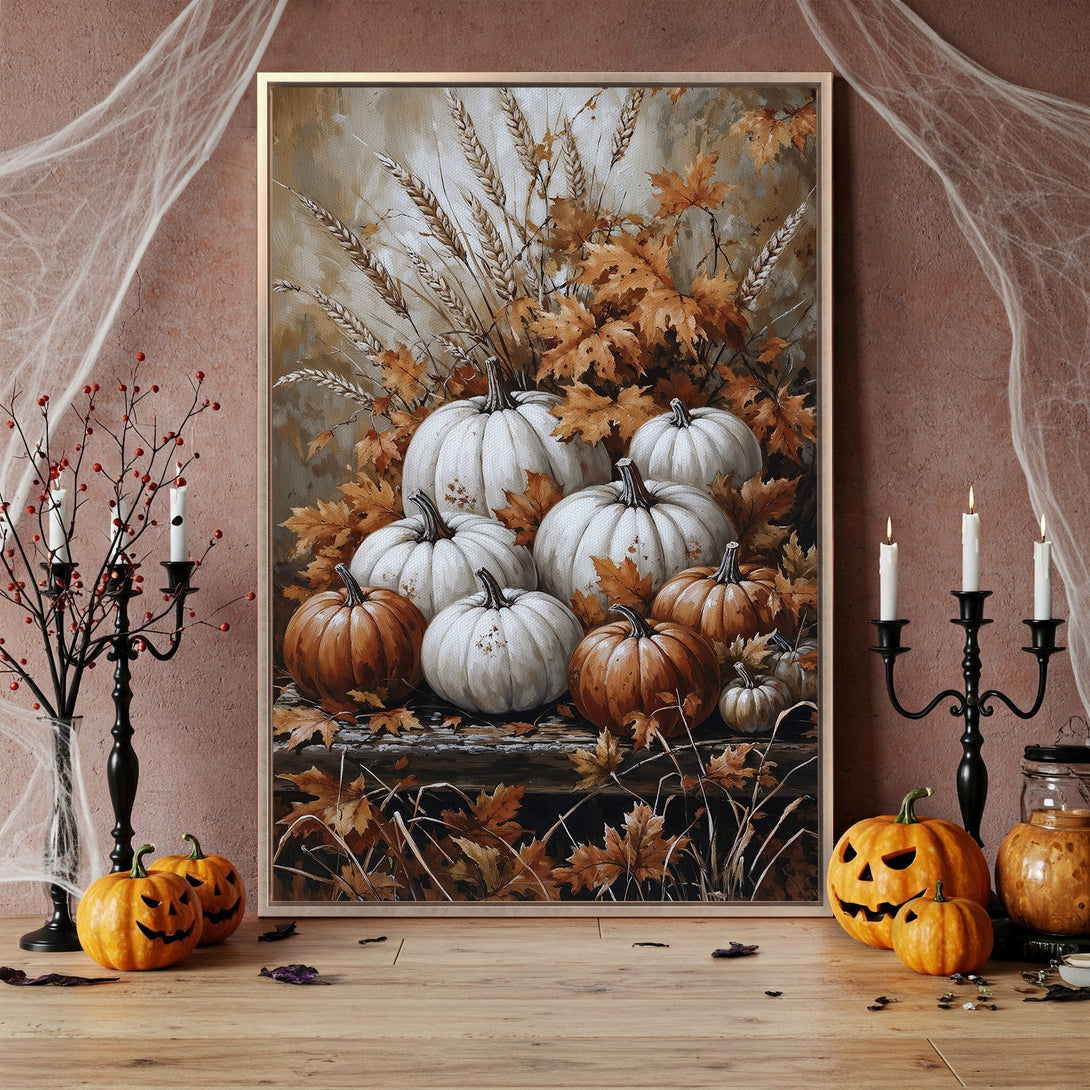 Framed Wall Art: Rustic autumn pumpkins canvas print in warm, earthy tones. Perfect fall decor for a cozy, inviting space.
