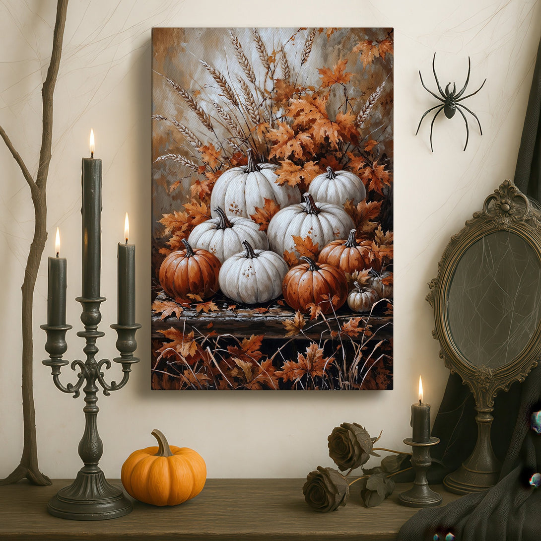 Framed Wall Art featuring a still life of pumpkins and autumn leaves. Warm, earthy tones create a cozy, elegant aesthetic. Perfect fall decor!