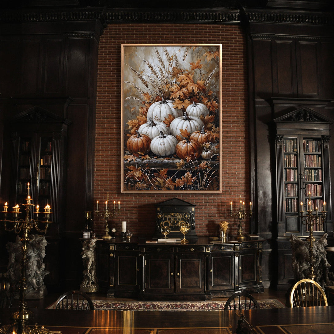 Framed Wall Art: Autumnal pumpkin painting in a warm, earthy palette. Enhance your home decor with this cozy, elegant canvas print.