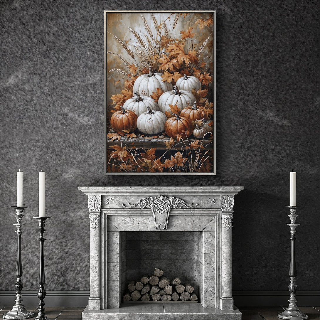 Framed Wall Art: Autumn pumpkins in warm tones. Rustic style Canvas Print adds cozy charm to your home decor. Perfect for fall!