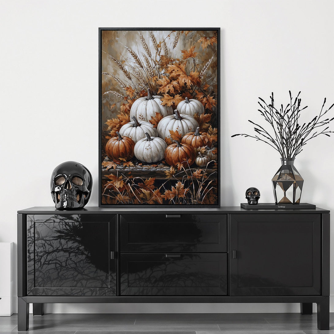 Framed Wall Art featuring pumpkins in warm autumn tones. Perfect for fall decor! Adds a cozy, rustic touch to any space.