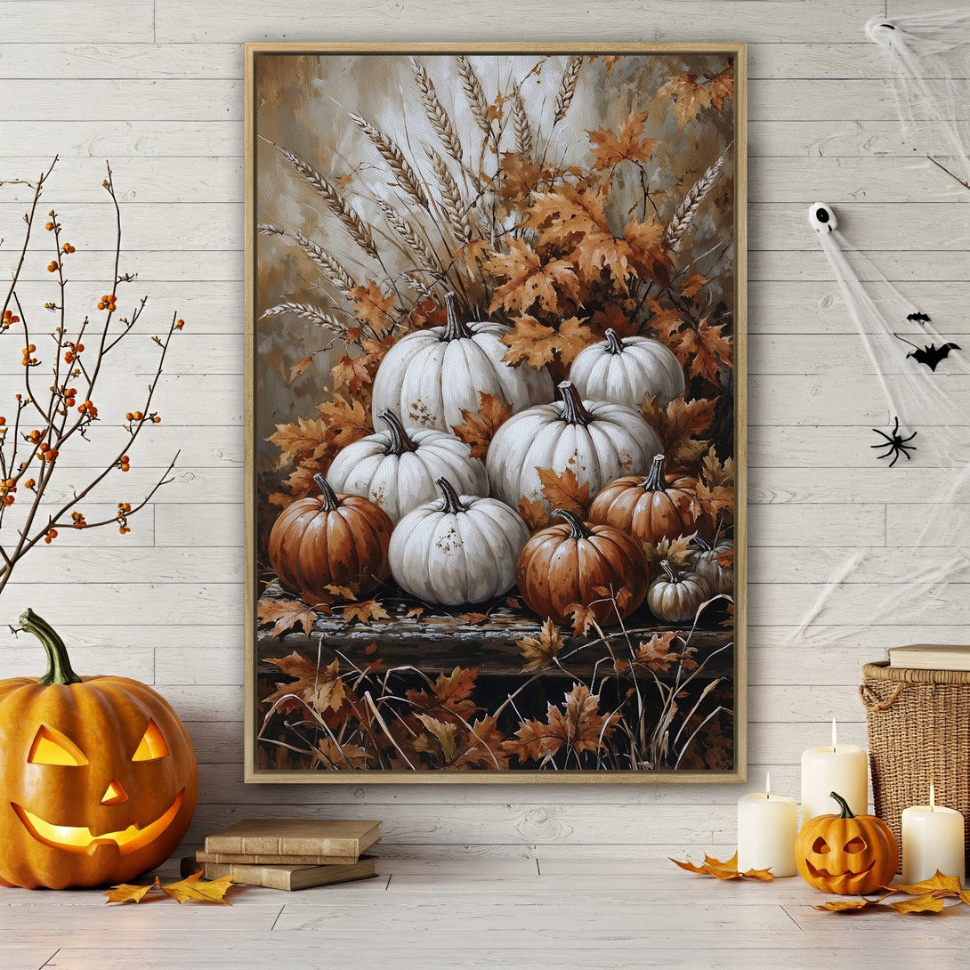 Framed Wall Art featuring a rustic autumn still life with pumpkins and fall leaves in warm orange and white tones, perfect for seasonal decor.