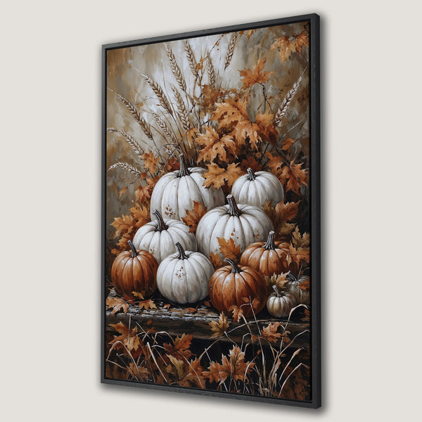 Framed Wall Art: Autumn still life with pumpkins and fall foliage. Warm, earthy tones create a cozy, rustic vibe. Perfect for fall decor!
