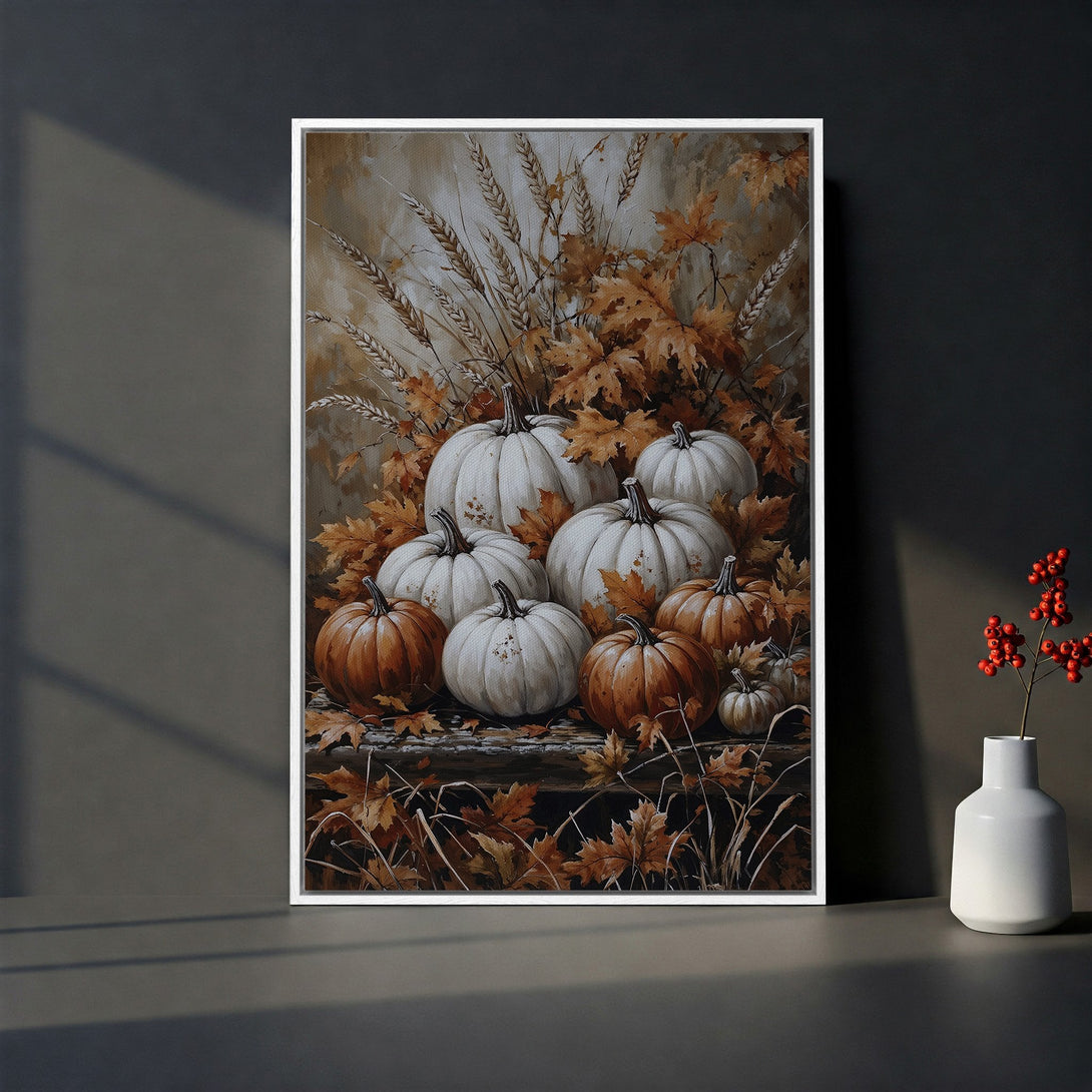 Framed Wall Art featuring a rustic pumpkin still life in warm autumn tones. Perfect for fall decor! Canvas Print adds cozy charm to any space.