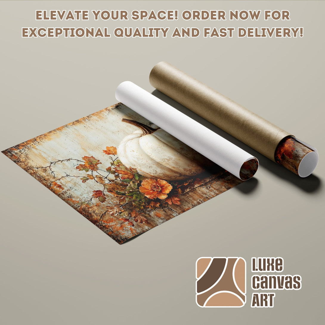 Poster Roll featuring a rustic pumpkin & fall leaves, warm earthy tones. Elevate your space!