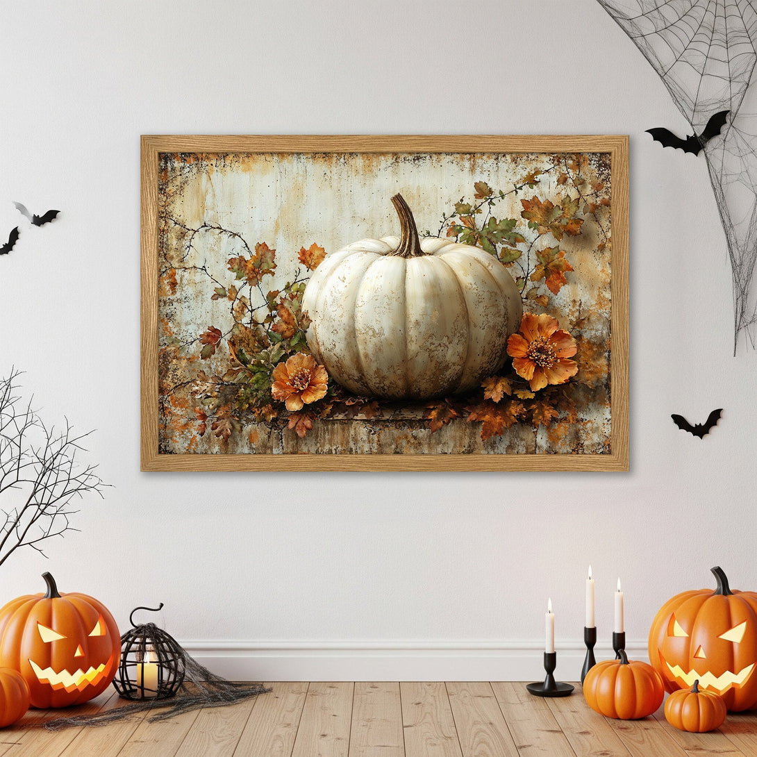 Framed Poster featuring a rustic pumpkin and fall foliage art. Earthy tones and vintage style, perfect Halloween decor. Get yours today!