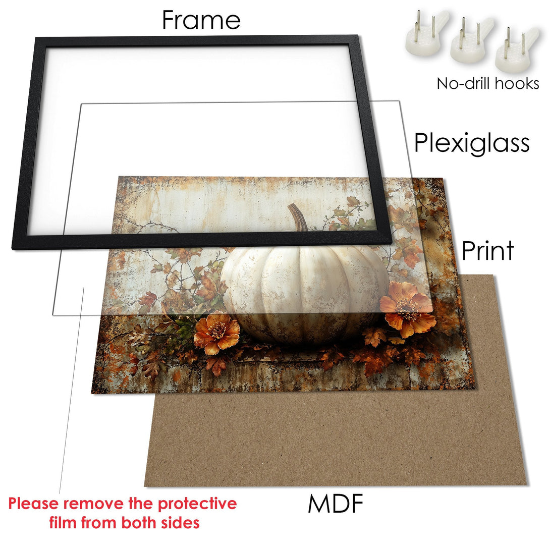 Framed Poster featuring a rustic pumpkin design with warm autumn colors. Perfect fall decor!