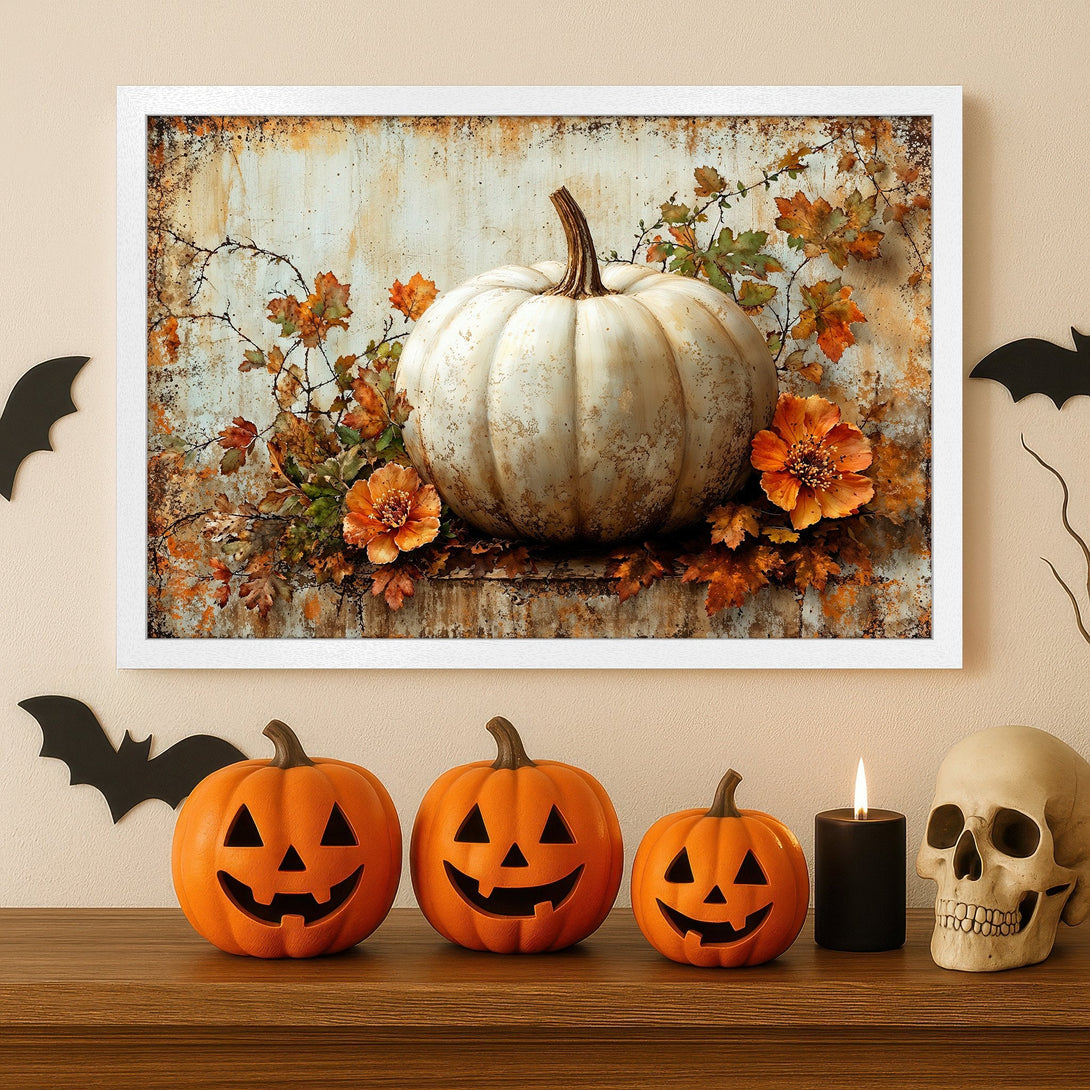 Framed Poster featuring a white pumpkin, fall leaves, and flowers. Rustic style with warm orange and brown tones, perfect for Halloween decor.