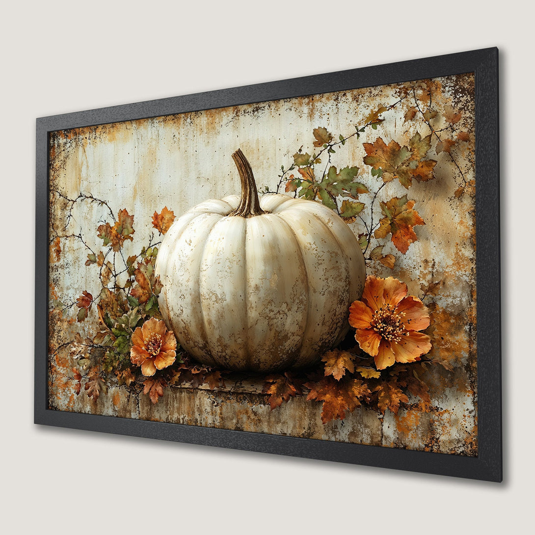 Framed Poster featuring a white pumpkin and fall foliage. Rustic style with warm orange and brown color palette. Perfect autumn decor.