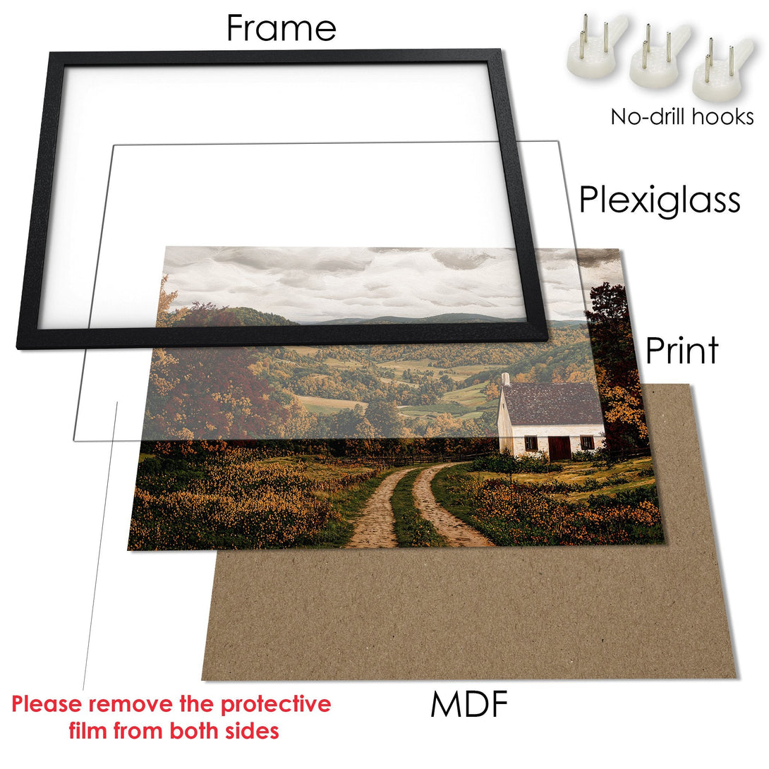Framed Poster featuring a scenic landscape with a white house, warm autumn colors. Perfect wall art for any home!