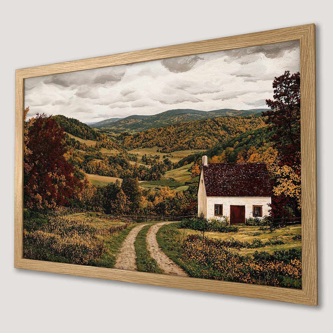 Framed Poster of a serene landscape with a white cottage. Warm autumn colors and a classic painting style. Perfect wall art.