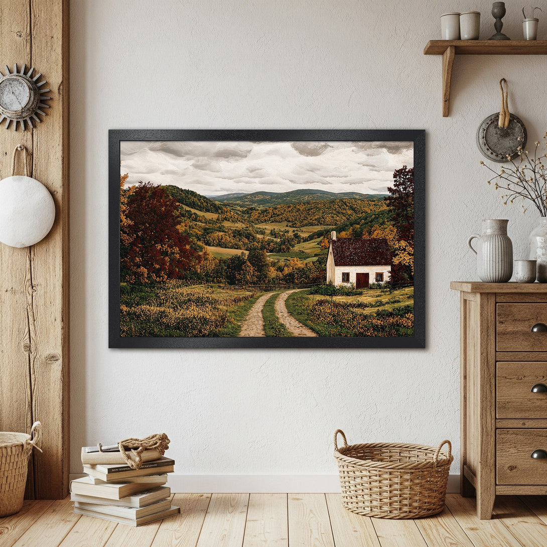 Framed Poster of a scenic landscape with a house. Rustic style, warm autumn color palette. Perfect wall art for your home!