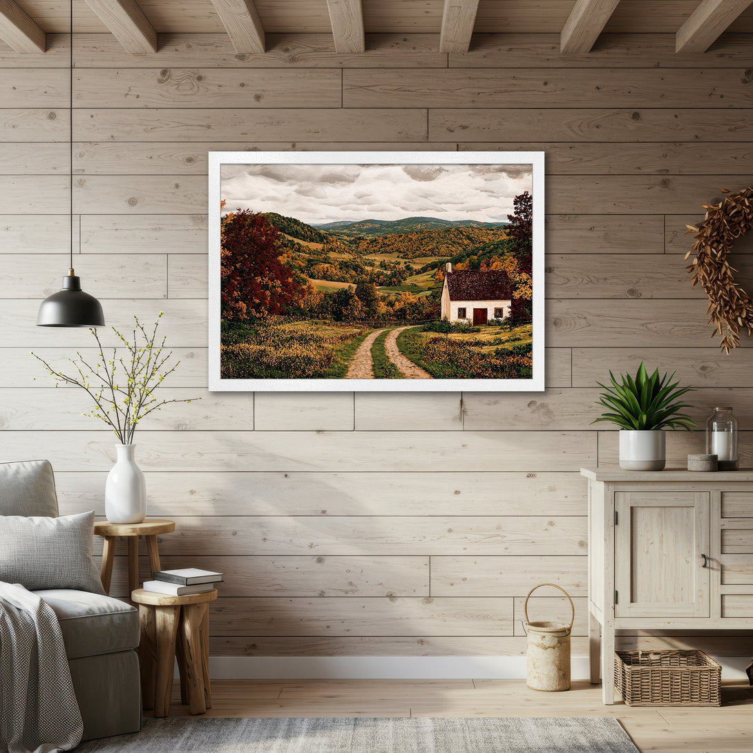 Framed Poster featuring a scenic landscape painting. Warm autumn colors and rustic style. Perfect wall art for your home!