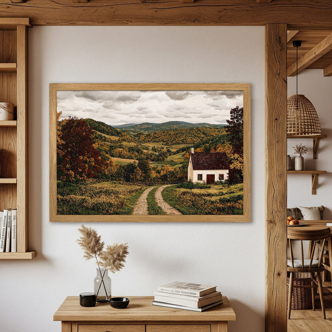 Framed Poster of a serene landscape painting with a rustic style and warm, earthy color palette. Perfect wall art.