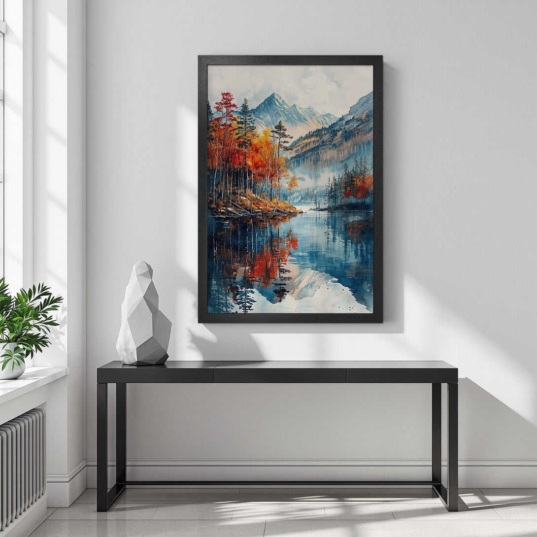 Framed Poster featuring a watercolor landscape of a lake and mountains, with a warm autumn color palette. Perfect wall art!