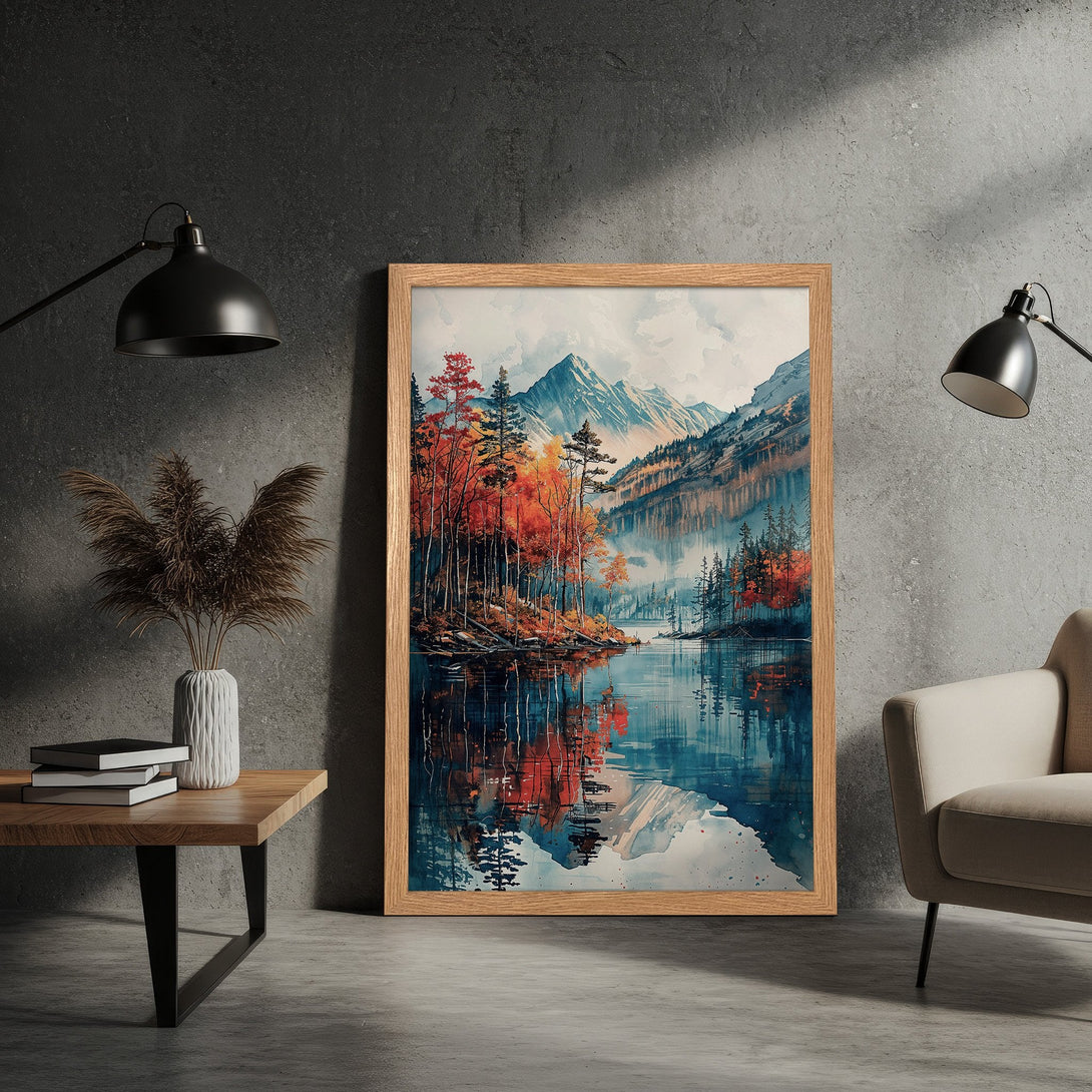 Framed Poster of a serene lake landscape in watercolor style. Features vibrant red, orange, and blue hues, perfect for home decor.