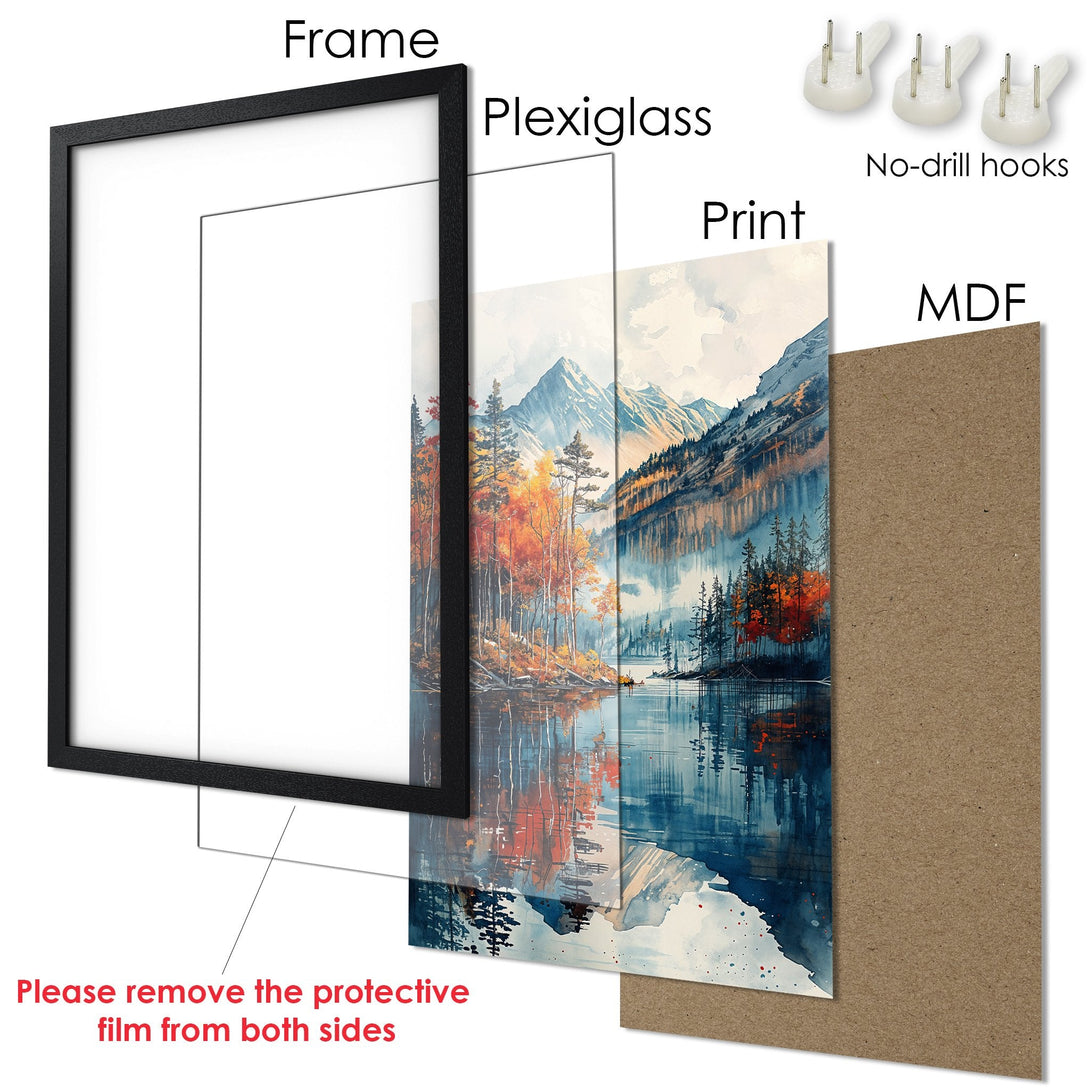 Framed Poster of a watercolor landscape with mountains, trees, and water. Features a blue, orange, and green color palette. Perfect wall art.