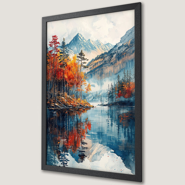 Framed Poster of a serene lake scene with mountains and fall foliage. Watercolor style with blue, orange, and red color palette. Perfect wall art.