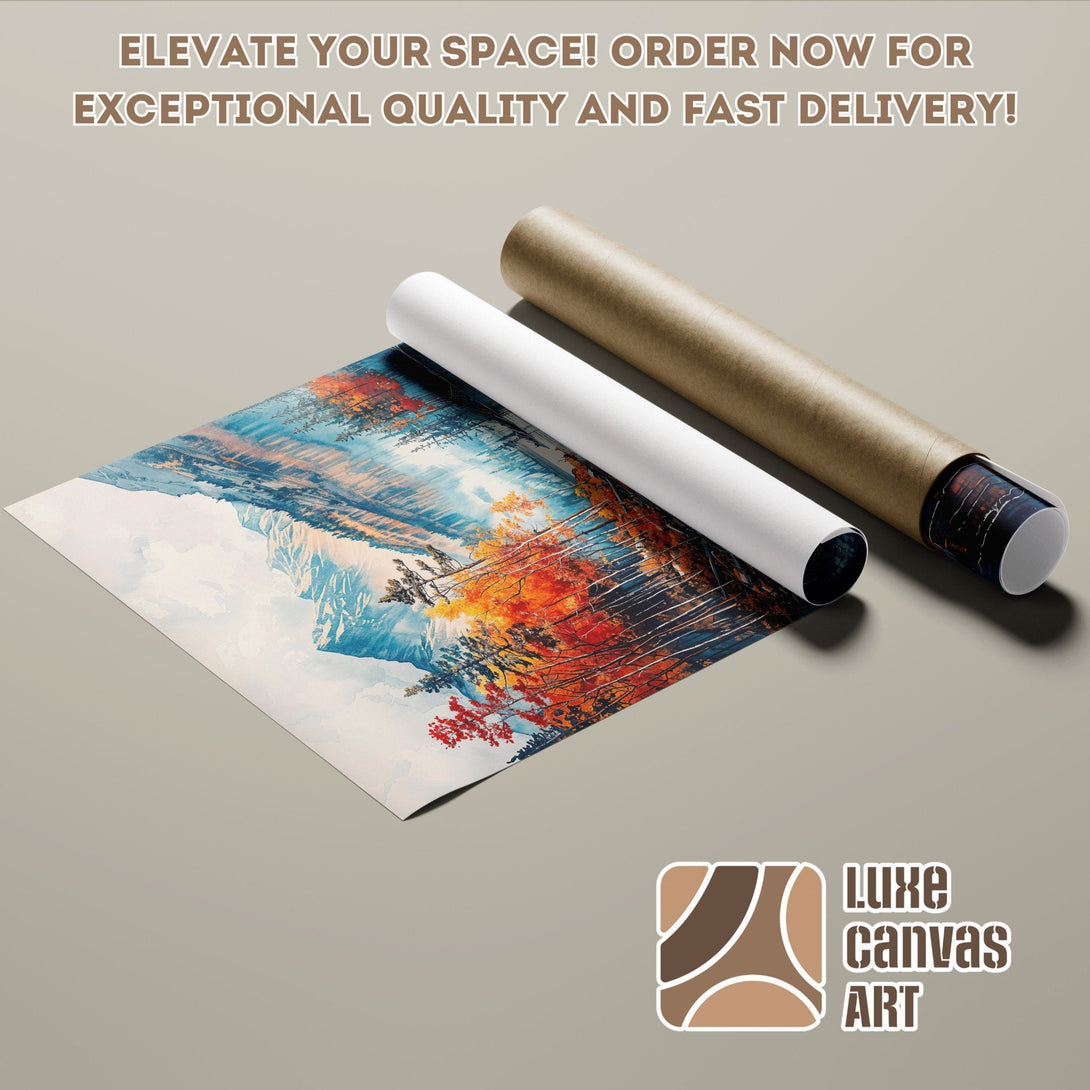 Poster Roll featuring a vibrant landscape art print. Stunning blue, orange, and red color palette. Elevate your space!