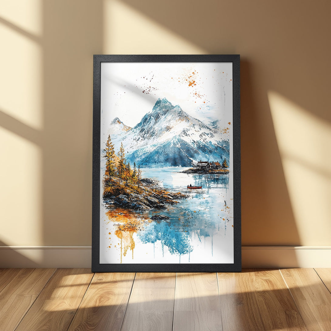 Framed Poster featuring a watercolor mountain landscape with blue, white, and orange hues. Perfect wall art for home decor.
