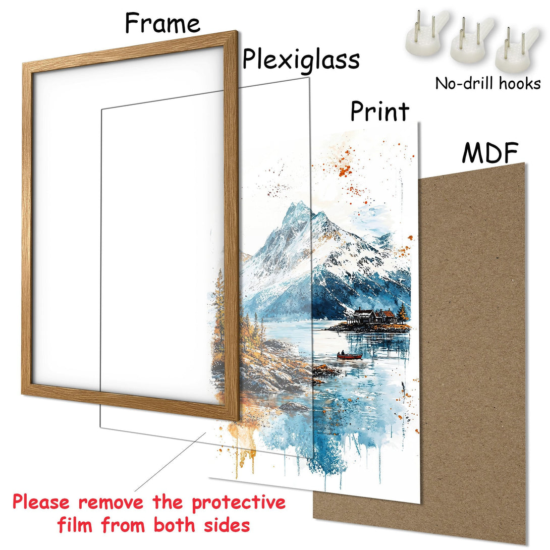 Framed Poster featuring a watercolor landscape with a blue and orange color palette. Perfect for adding art to your home!
