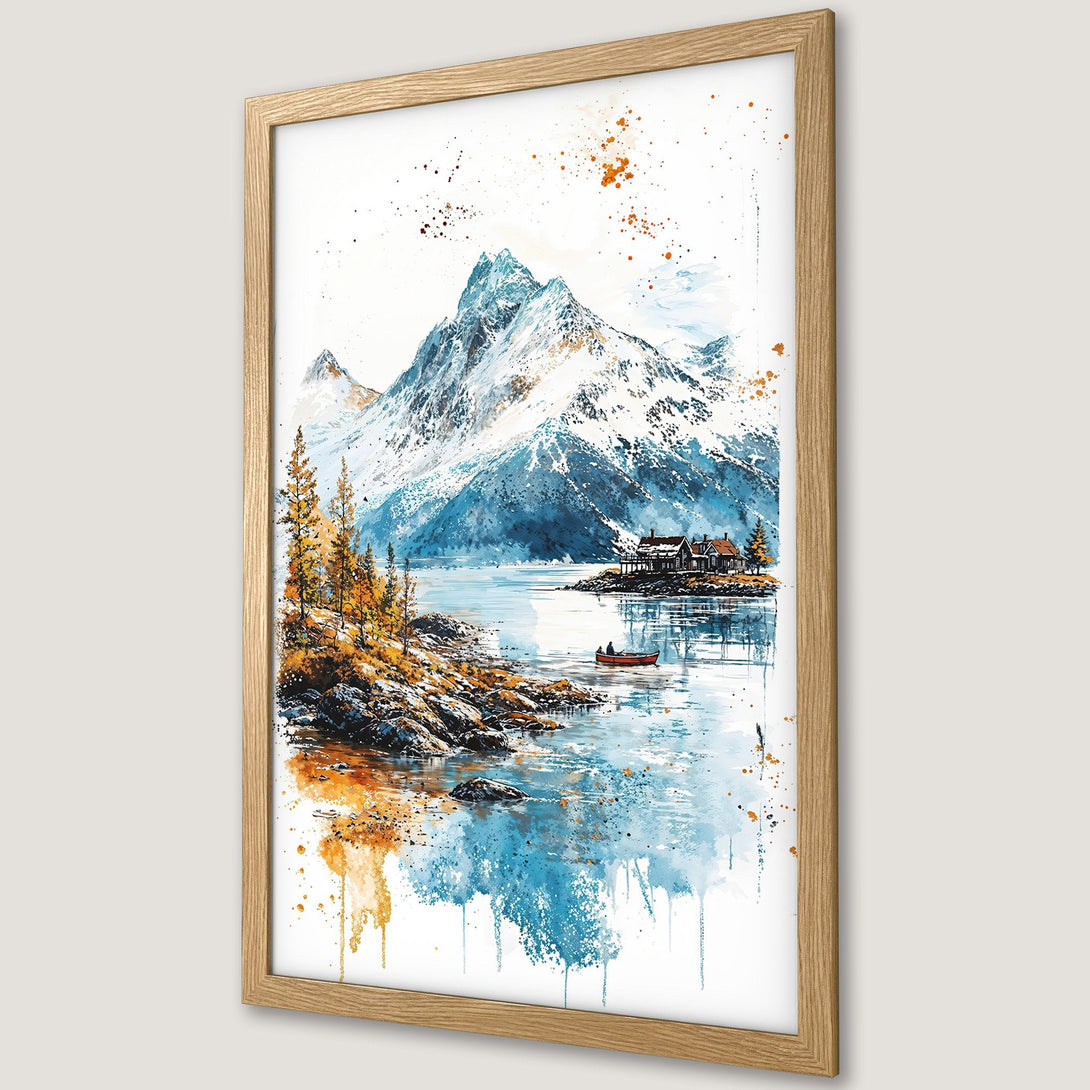 Framed Poster of a watercolor mountain lake scene. Features blue, orange, and white color palette. Perfect wall art for your home.