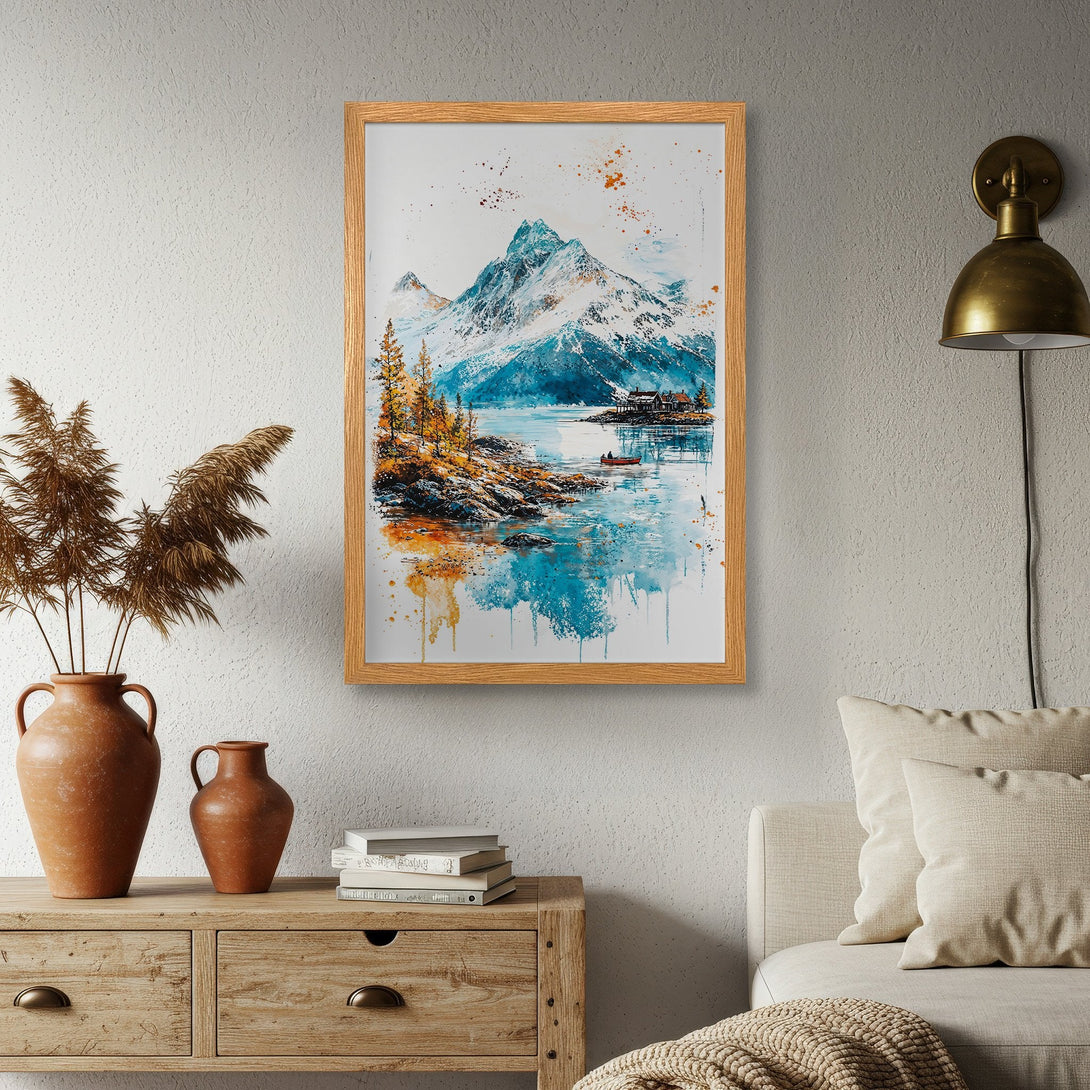 Framed Poster of a watercolor mountain landscape in blue, orange, and white. Perfect wall art for your home!