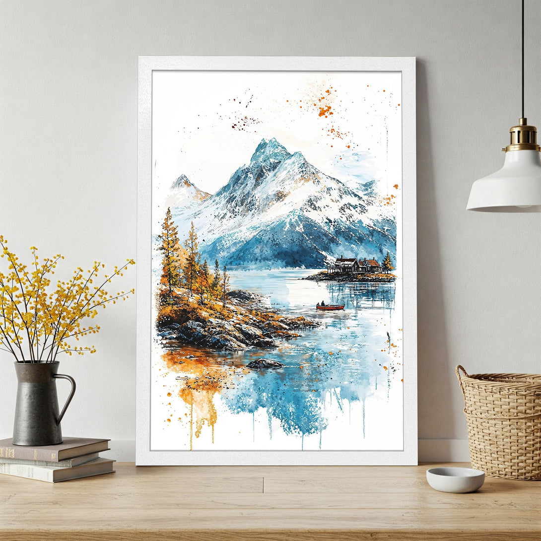 Framed Poster of a watercolor mountain landscape in blue, orange, and white. Perfect wall art for any home!