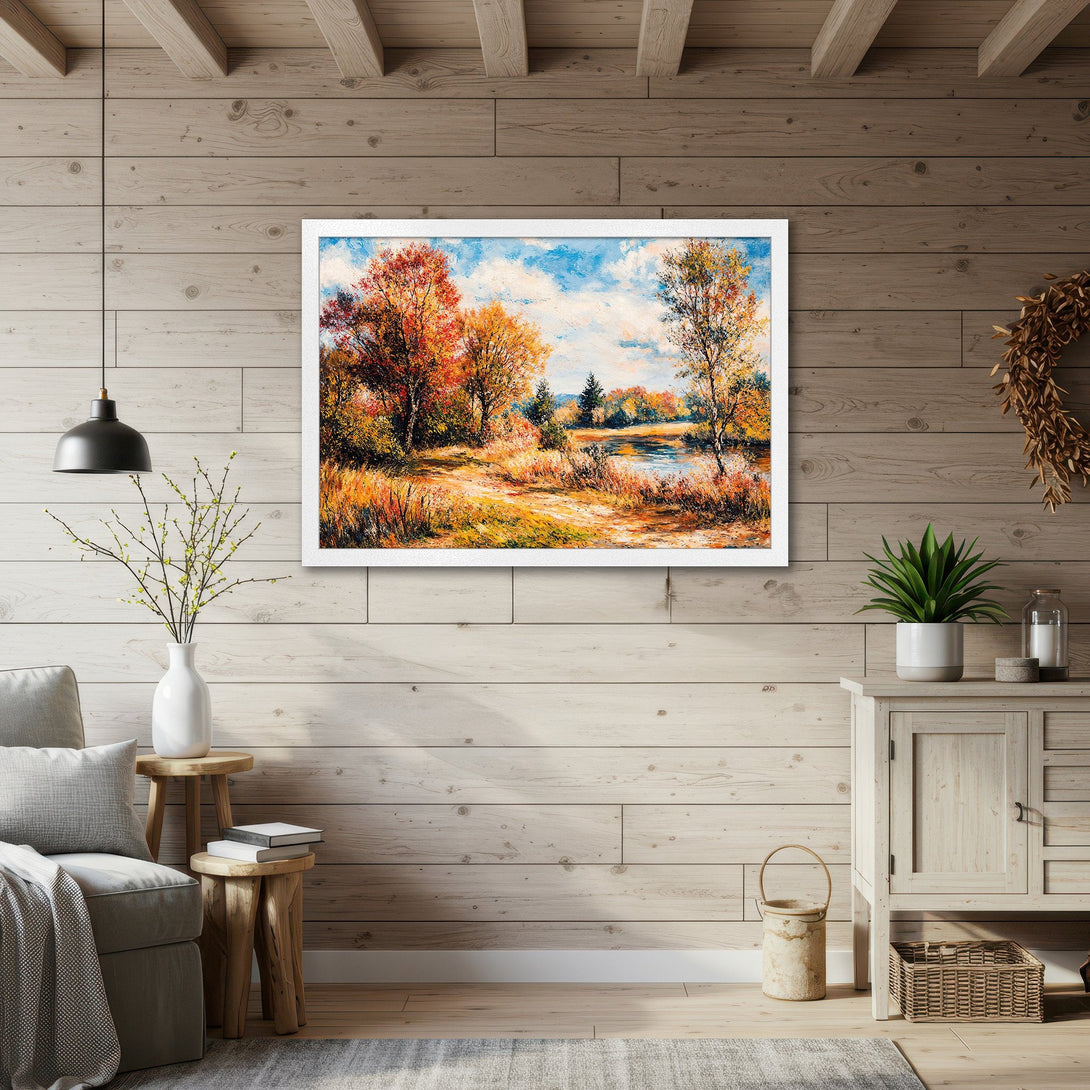 Framed Poster of an autumn landscape painting. Warm color palette with reds, oranges, and yellows. Perfect wall art for your home.