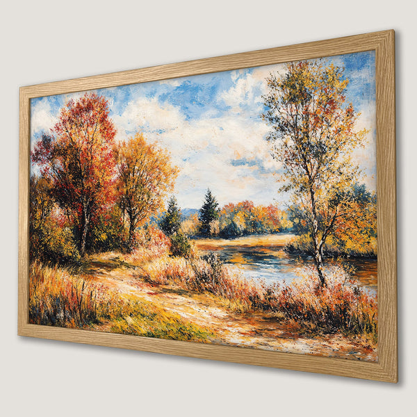 Framed Poster of an autumn landscape painting. Warm color palette with red, orange, and yellow hues. Perfect wall art for your home!
