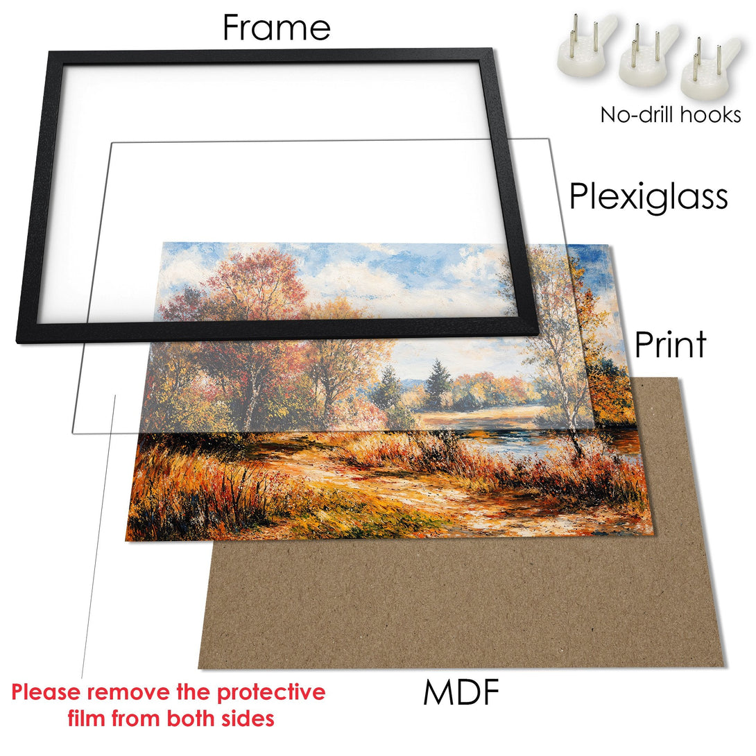 Framed Poster of a vibrant landscape painting. Warm autumn colors in a beautiful art style. Perfect wall decor!