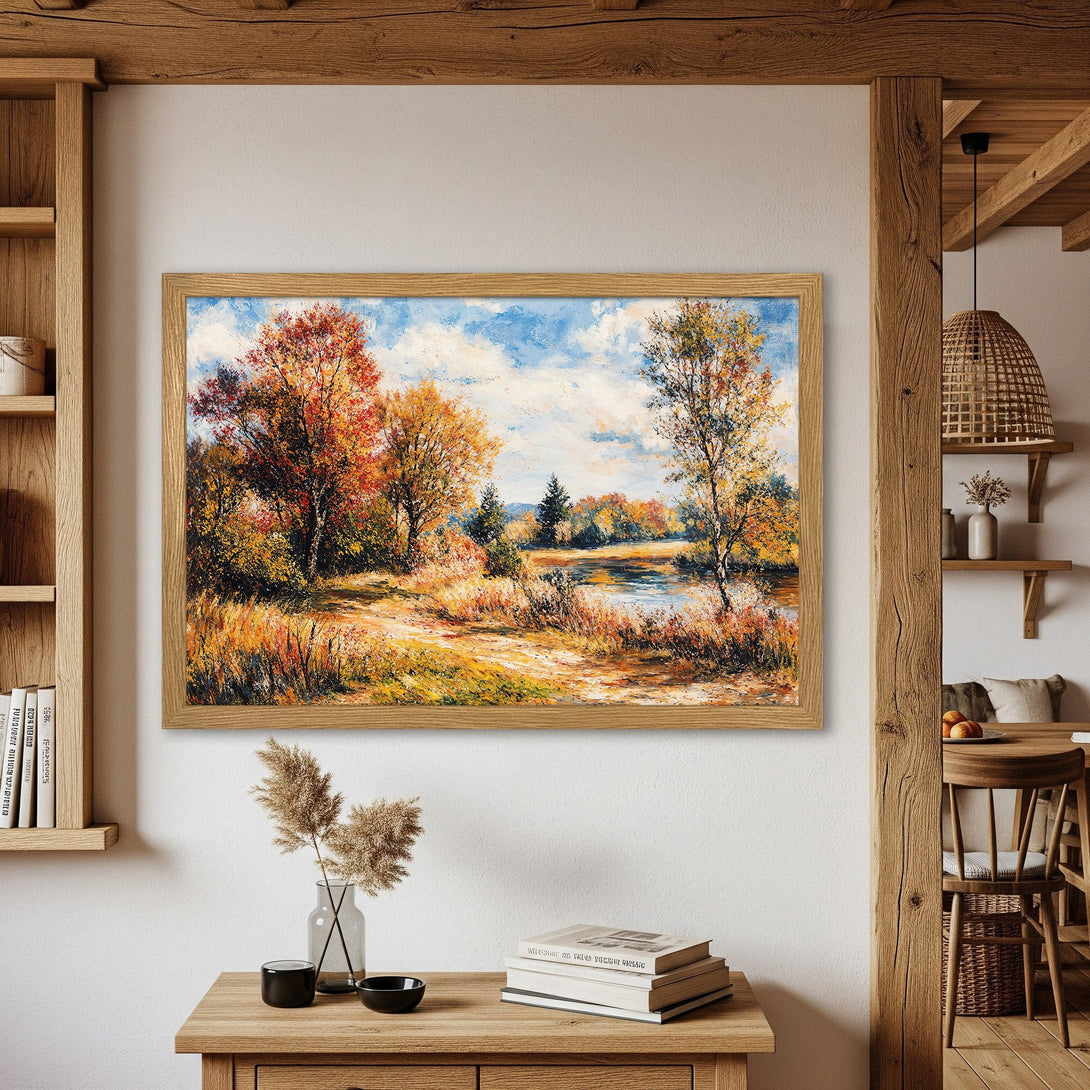 Framed Poster of an autumn landscape painting. Featuring warm, earthy tones and impressionistic style, perfect for home decor.