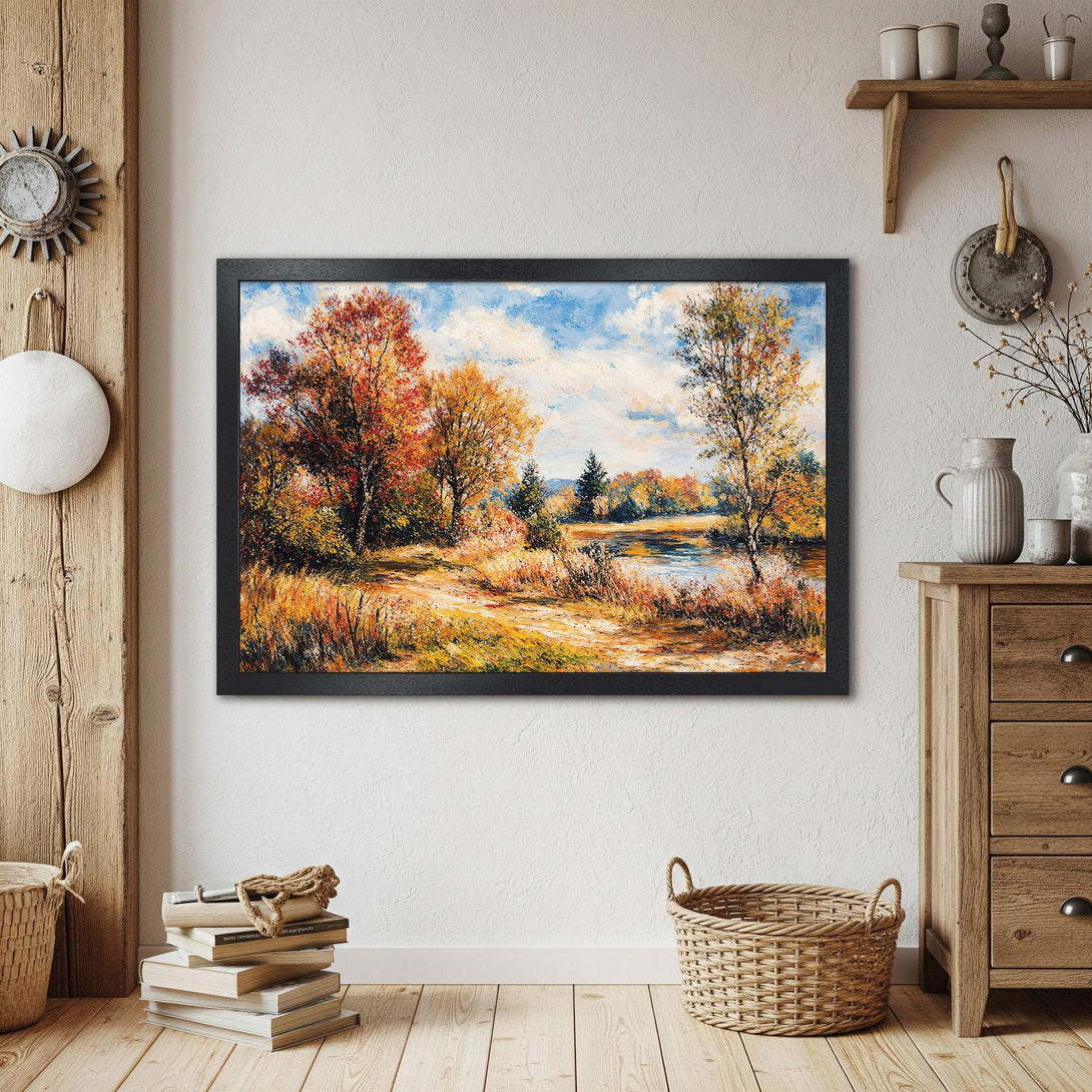Framed Poster of autumn landscape painting. Warm color palette with reds, oranges, and yellows. Perfect wall art for your home.