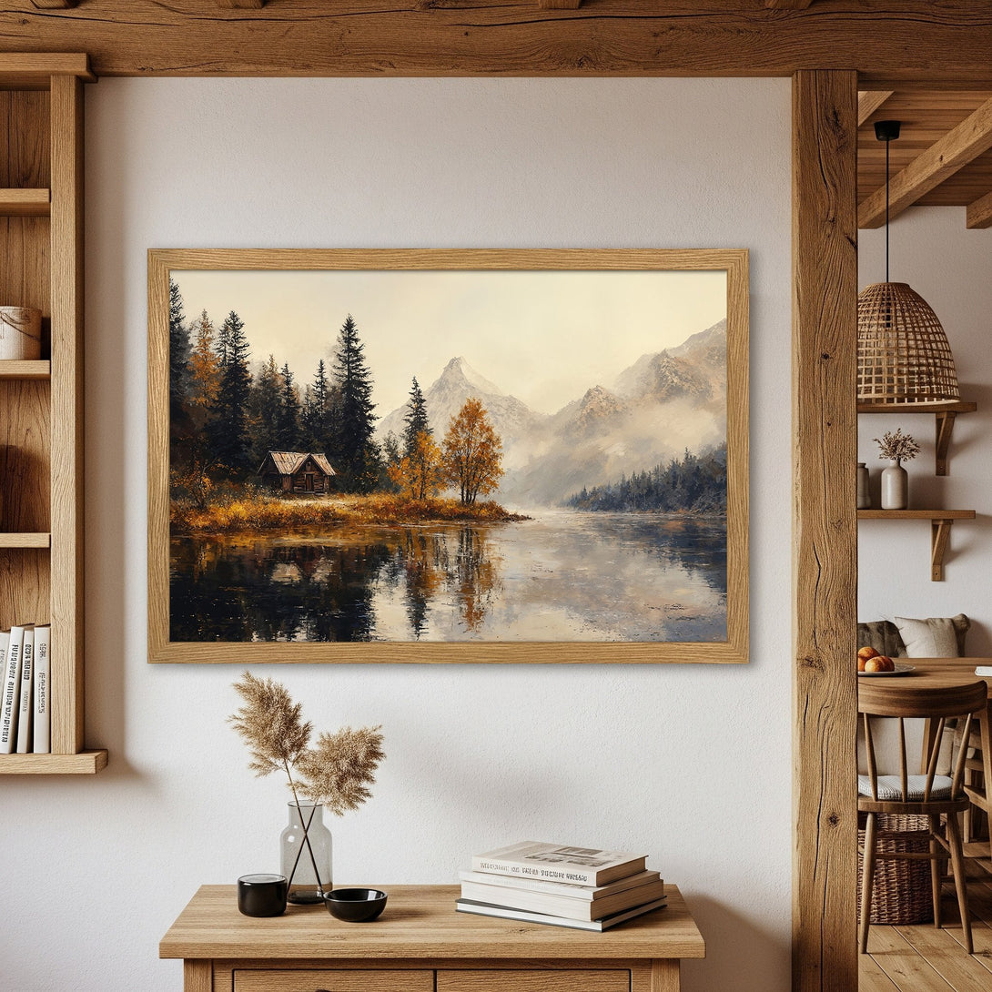 Framed Poster featuring a serene landscape painting of a cabin by a lake, showcasing a warm, earthy color palette. Perfect for rustic decor!