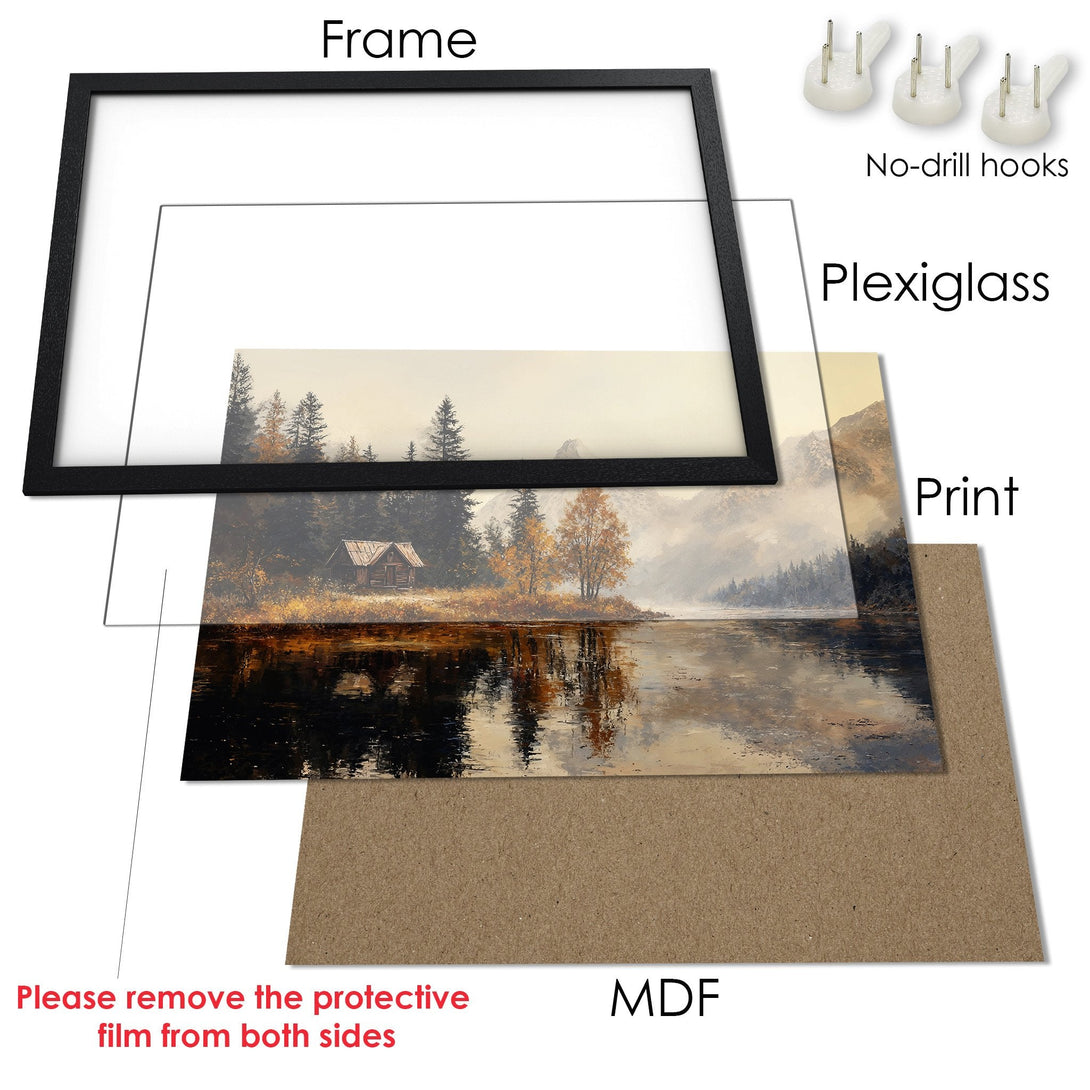 Framed Poster of a serene landscape painting, featuring a cabin and lake. Warm, earthy tones create a cozy, artistic style.