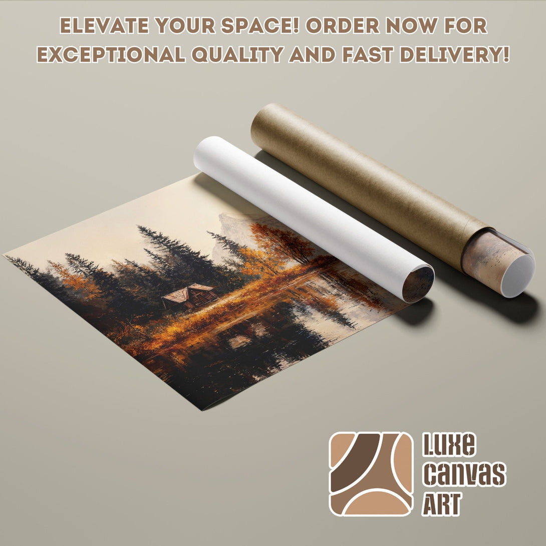 Poster Roll featuring a cabin landscape painting in warm, earthy tones. Elevate your space with this stunning art!