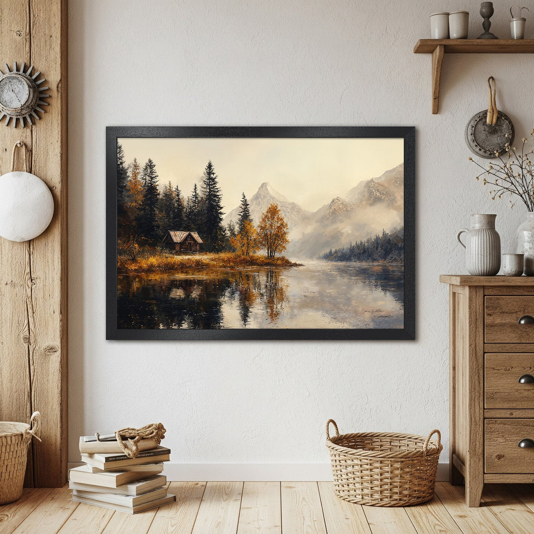 Framed Poster of a serene lake scene with a cabin, mountains, and fall colors. Rustic style, warm earth tones.