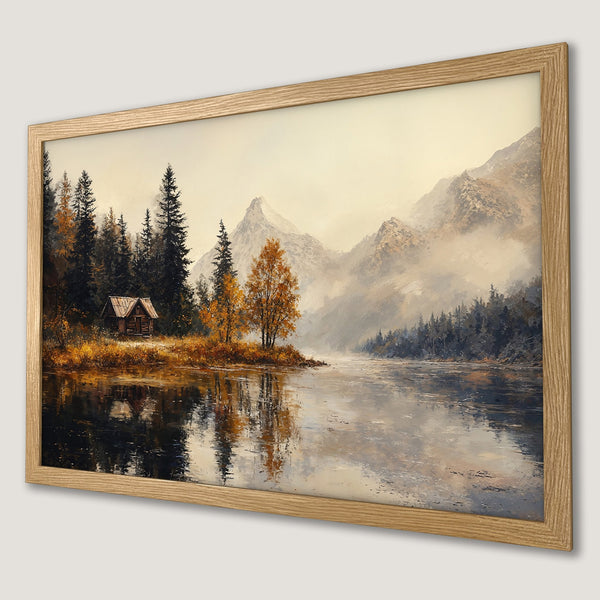 Framed Poster of a serene mountain lake scene. Featuring a cabin, trees, and a muted color palette for a tranquil aesthetic.
