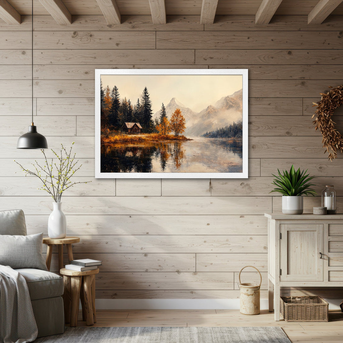 Framed Poster of a serene lakeside cabin scene, featuring a warm, autumnal color palette and a rustic style. Perfect for home decor!