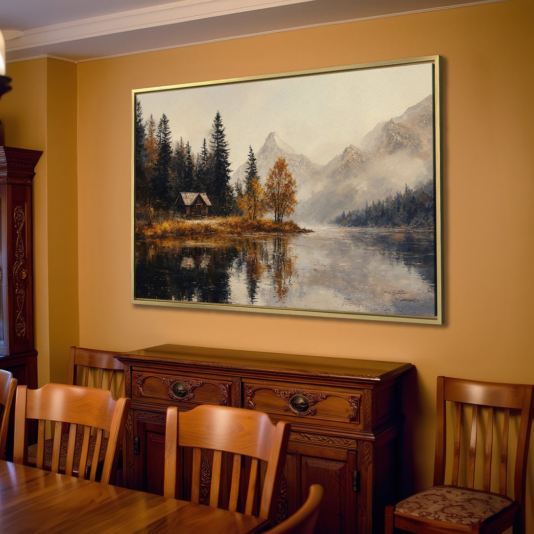 Canvas Print of a serene lake landscape in warm, earthy tones. Rustic cabin and mountain reflection. Perfect for adding a touch of nature to your home.